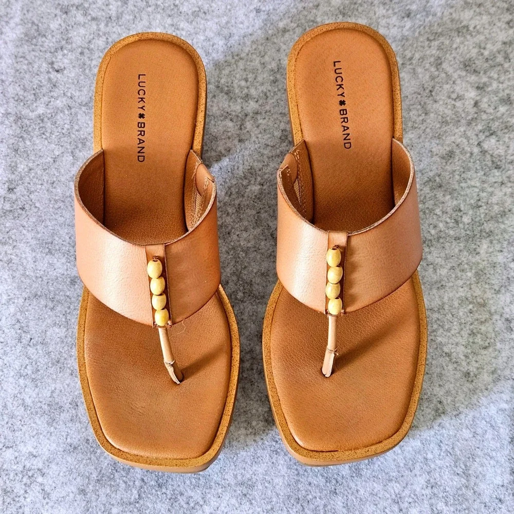 Lucky Brand Womens Tan Leather Beaded Thong Platform Block Heel Sandals Size 9M - Picture 7 of 10